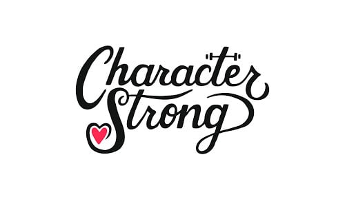 black cursive letters with a heart saying Character Strong